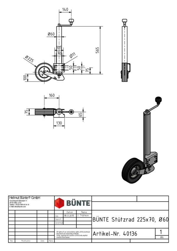 Stützrad BÜNTE Ø 60mm, automatisch klappbar Anhänger-Shop