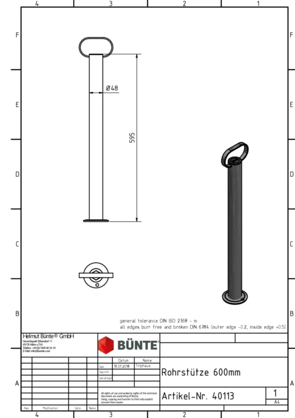 Rohrstütze 48x600mm mit Bügelgriff Anhänger Shop