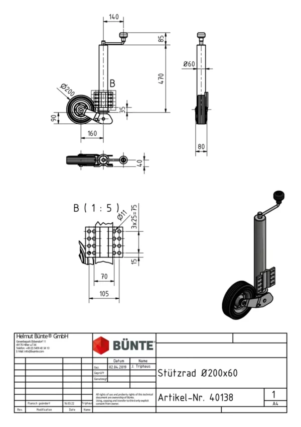 Stützrad 60mm automatisch klappbar Anhänger Shop